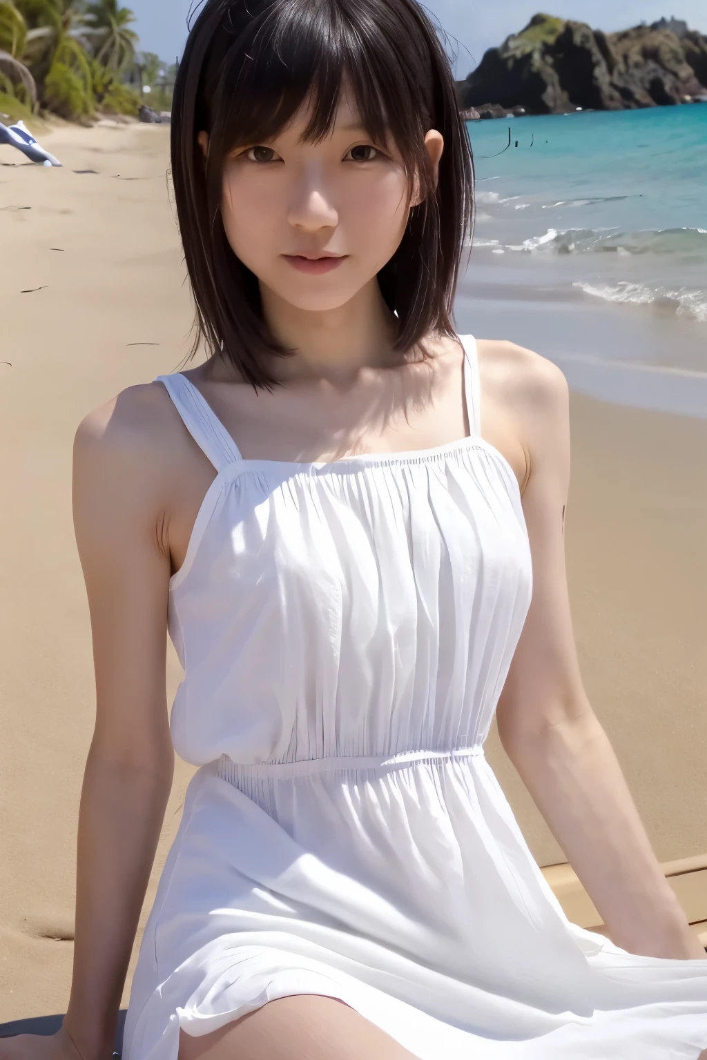 8k, highest quality, masterpiece, photogravure, super high resolution, RAW Photos, One Girl, a skinny Japanese woman, 30 years old, thin waist, slender legs, sitting on the beach, a black hair, (wearing a white cotton dress next to the skin: 1.4), anatomically correct body, (cute face, detailed face, detailed eyes),