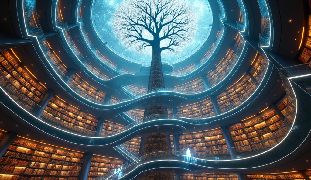A breathtaking, futuristic library spirals upward into the sky, defying gravity with its sleek, glass-and-steel structure. The spiral design twists elegantly, with each level of the library connected by a seamless, hovering walkway that winds upward in a continuous loop. The walls are lined with shelves filled with books, digital tablets, and holographic scrolls, all glowing softly with information from across the galaxy. The ceiling is a vast dome of transparent material, revealing a starry cosmos above, as if the library itself is floating in space. Light streams in from above, casting ethereal beams that illuminate the entire spiral, creating a serene yet awe-inspiring atmosphere. At the center of the spiral, a towering holographic tree of knowledge pulsates with energy, its branches reaching out to every level, symbolizing the endless pursuit of learning. The air is filled with the soft hum of technology and the quiet whispers of pages turning, as scholars and seekers of knowledge move effortlessly along the spiraling path, lost in the infinite wisdom housed within this extraordinary library
