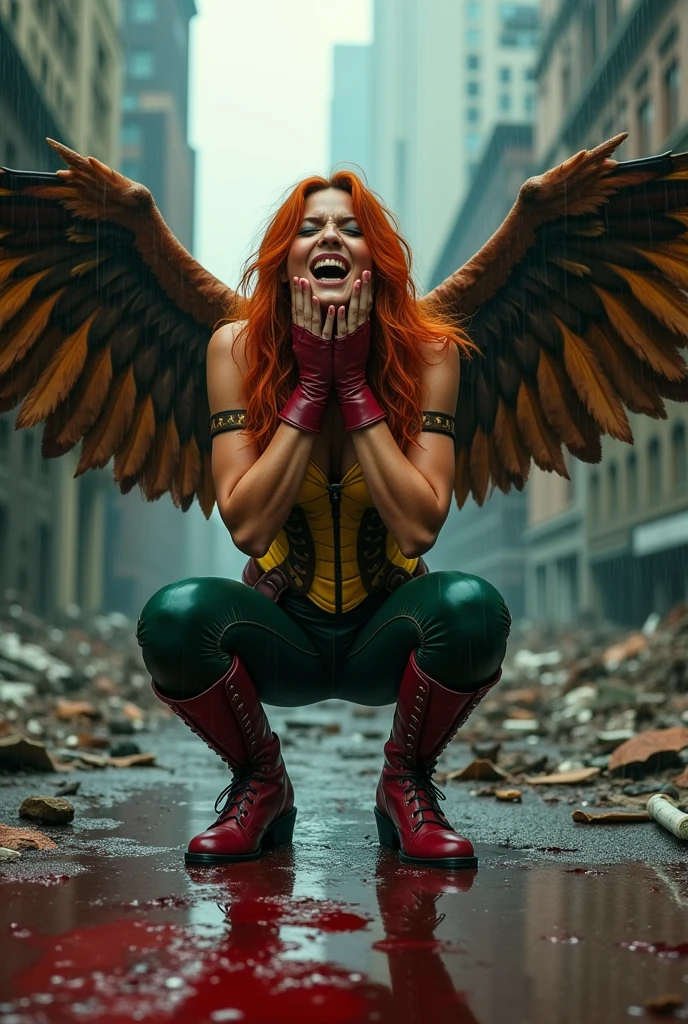 A beautiful woman Isabela Merced under the mantle of the Thanagarian Warrior Shayera Holl aka Hawkgirl Long orange hair to her knees with her hands on her face screaming exhausted after a battle in an apocalyptic rainy city blood around her yellow leather corset brown harness with thick straps protruding from her neck to her waist and green leather pants red boots and large red gloves brown wings reflecting her in the blood horrific and bloody images two large brown wings protruding from her back Dc universe logo