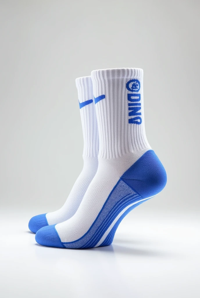 Create a design for white Nike Elite athletic socks with royal blue lines and the word ANDINO on the outer side.