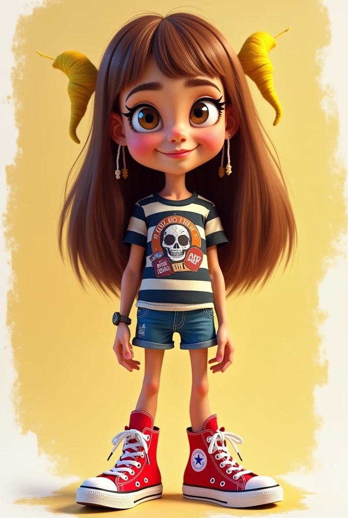 A brown straight hair wig with two blonde streaks in the hair with a red all star shoe with a beetlejuice shirt in 2d cartoon style profile picture