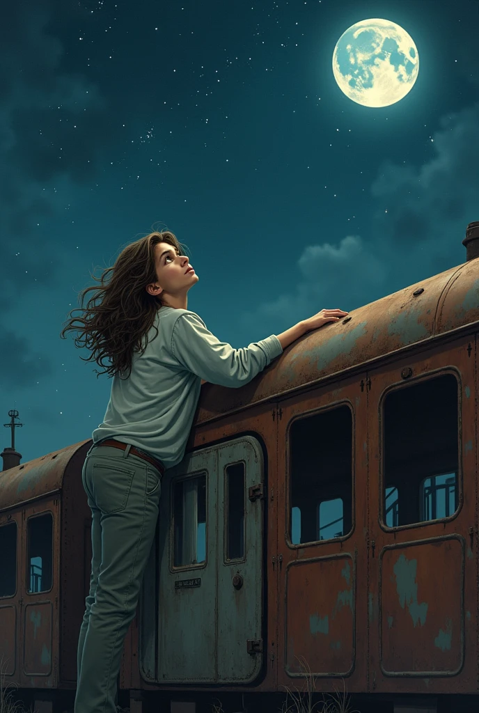 artwork male ager long brown hair with open curls light gray long sleeve shirt sad lying with details on top of an old abandoned train at night best quality ultra detailed