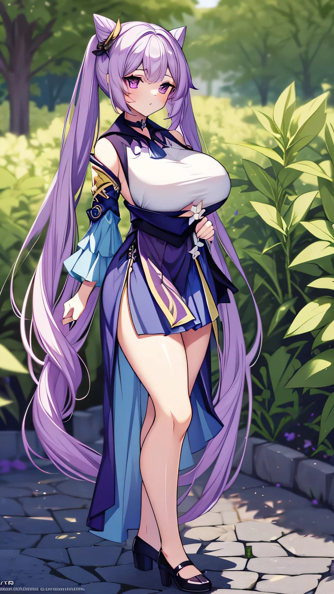 Keqing Genshin_VND, 1 girl, cabelo roxo, breastsout grandes, long hair, twin-tail, purples eyes, pantyhose, hair cone, double bun, (comely,huge ass_breastsout:1.3),
break
, 1 girl, standing alone, parado no Garden, Farbepo todo, Full-figured,
break
, Garden,
break
, choker, skirt short, detached sleeves, volantes,
break
, offcial art, Extremely detailed CG 8k unity wallpaper, perfect lighting, colorfully, (better_品質:1.0), ultra high resolution,4K, ultra detali, 8k, HDR, high resolution,  absurderes:1.2, film grain, nblurry background, (Vibrant_Farbe:1.2), (comely_Face:1.5), (narrow waisted),