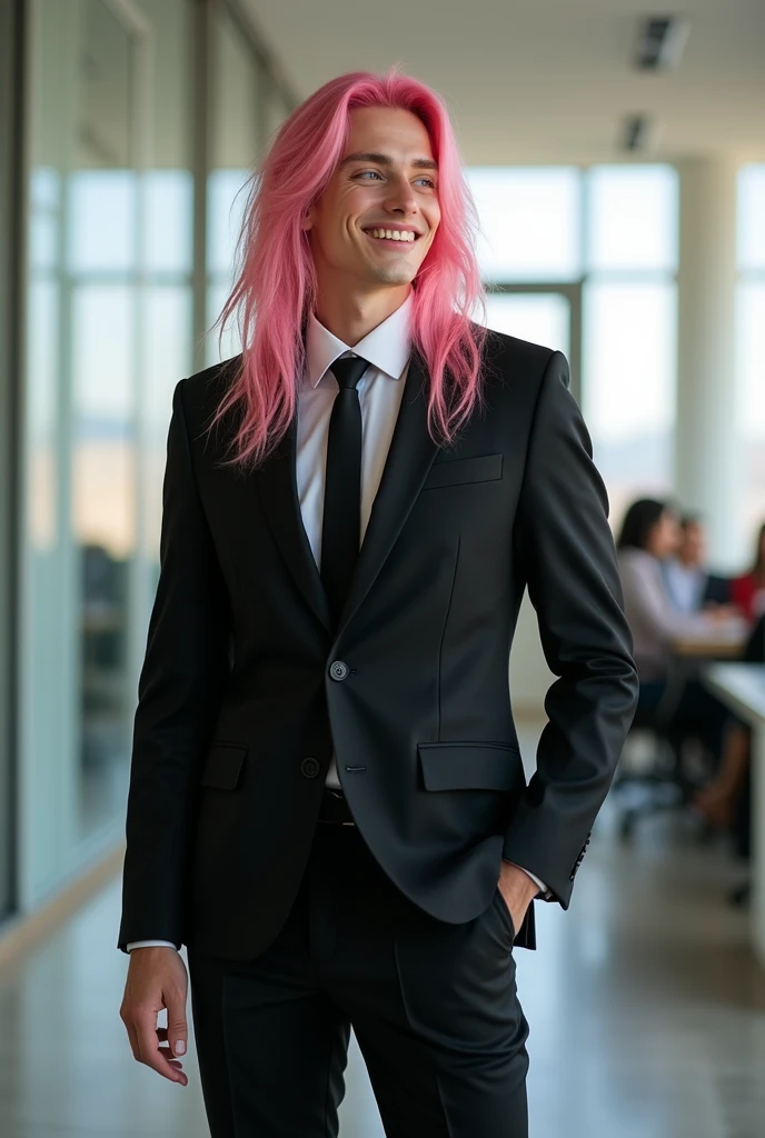 Pink haired man, black executive suit, I'm looking forward to, Long Hair, Sweet expression, blue eyes, Pink Eyeshadow, In the office.