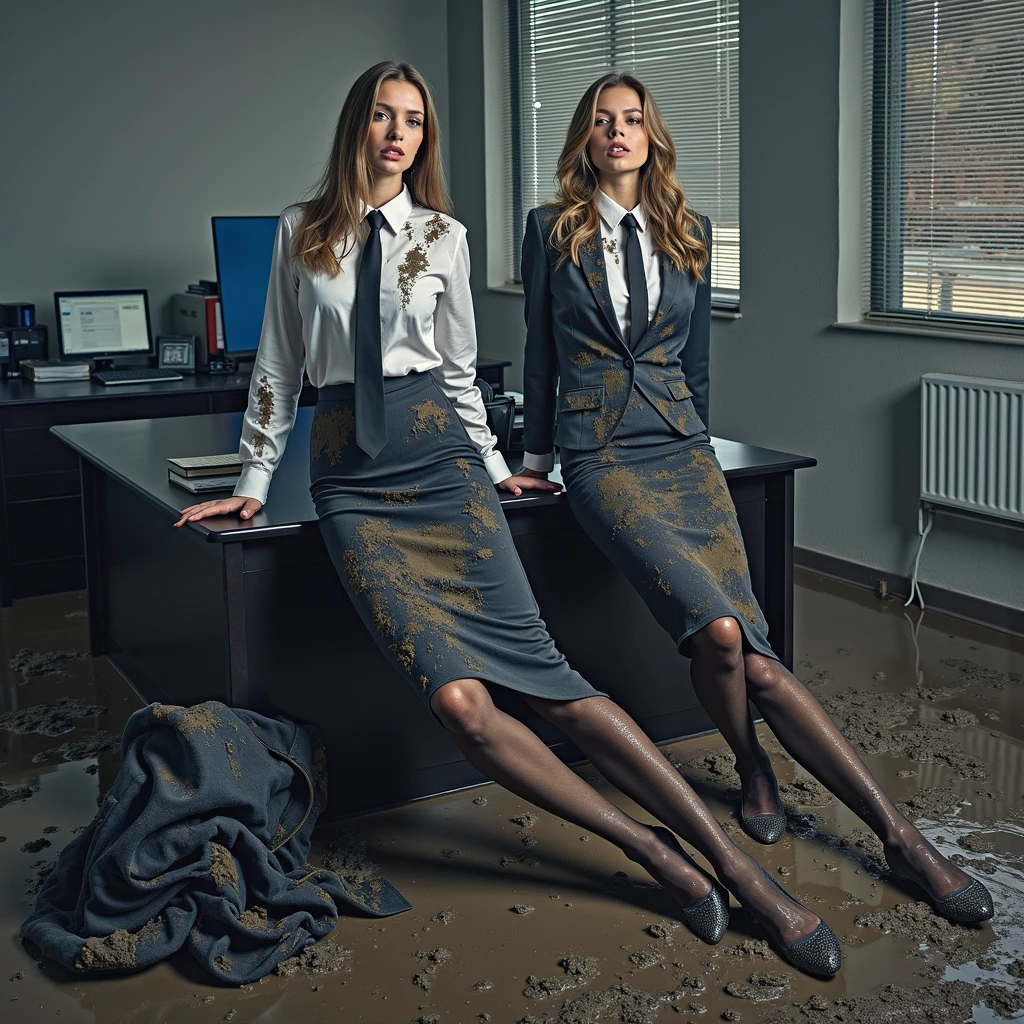 A captivating and color photo of only two business ladies, exuding a slender, model-like appearance with long hair. They dressed in muddy long knee-length black business pencil skirt, muddy and torn black business jacket, muddy shirt, torn stockings, they are seen on a muddy office room. They used own torn black business jackets as a floor rags and wiped the dirty floor using it while lie on their sides or backs in the liquid mud and water, so they jackets itself is very muddy and crumpled has placed near their legs on the muddy floor with liquid mud. They lie on sides and backs in the liquid mud and dirty water in different flirtatiously and provocative poses. Their clothes completely mud covered. They smear liquid mud all over their clothes, severely torn them in the process and smear a lot of mud on their clothes. They smearing the mud onto their business attire, creating a striking contrast between her dirty business outfit and the mud that covers it. This creates a dramatic contrast between their pristine outfits and the mud that coats them. The natural light brilliantly illuminates their clothes in details, casting dramatic shadows and emphasizing the texture of the mud on their clothing. Please fix all the anatomical issues of the ladies on the photo.