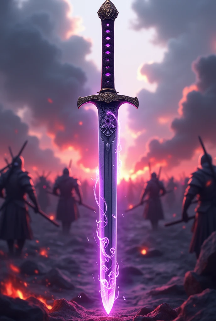 a katana with its pommel and crossguard interconnected, blade color predominantly purple, style of anime, battle background, create with full body