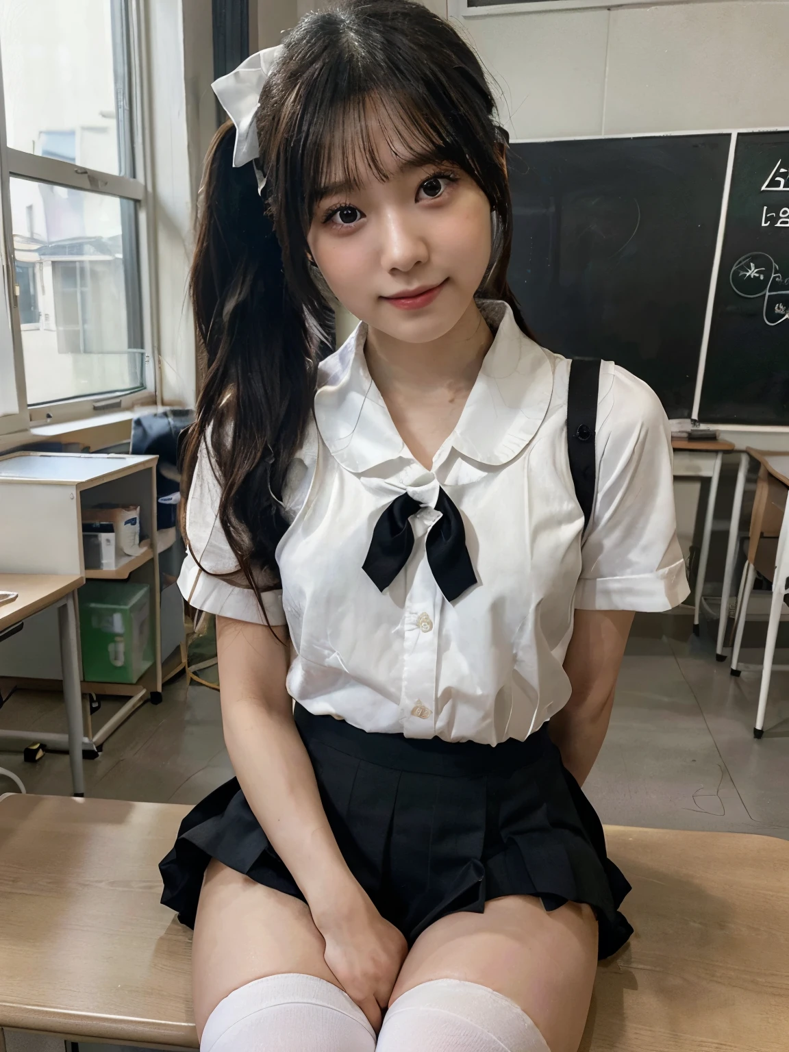 8k, RAW photo, best quality, ultra high resolution, (photorealistic), realistic photo of skinny japanese , (skinny japanese girl, japanese girl, most beautiful japanese girl in the world, slim face, black hair, two ponytail hair with white bow, double ponytsil hair), in the classroom, white interior, (full body picture), sitting at the school desk, shy, cute, wearing school girl uniform, (schoolgirl uniform), short skirt, (thigh high socks), (looking at viewer), shy smile, (extremely detailed CG unity 8k wallpaper), sharp focus, (bright light),