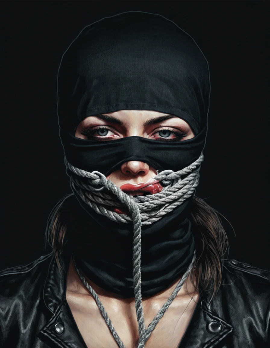 a drawing of a woman with a balaclava covering her eyes, and a tie around her neck, trending on deviantart, given, with her mouth open with her tongue pierced, alternative album cover, dark metal art only, deadly fists, dark illustration , strangled with rope, dark surreal art, silent, anatomically correct, super detail, high details, highres, 4K