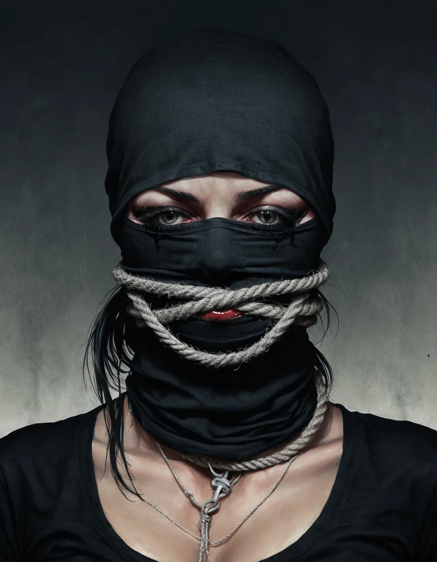 a drawing of a woman with a balaclava covering her eyes, and a tie around her neck, trending on deviantart, given, with her mouth open with her tongue pierced, alternative album cover, dark metal art only, deadly fists, dark illustration , strangled with rope, dark surreal art, silent, anatomically correct, super detail, high details, highres, 4K
