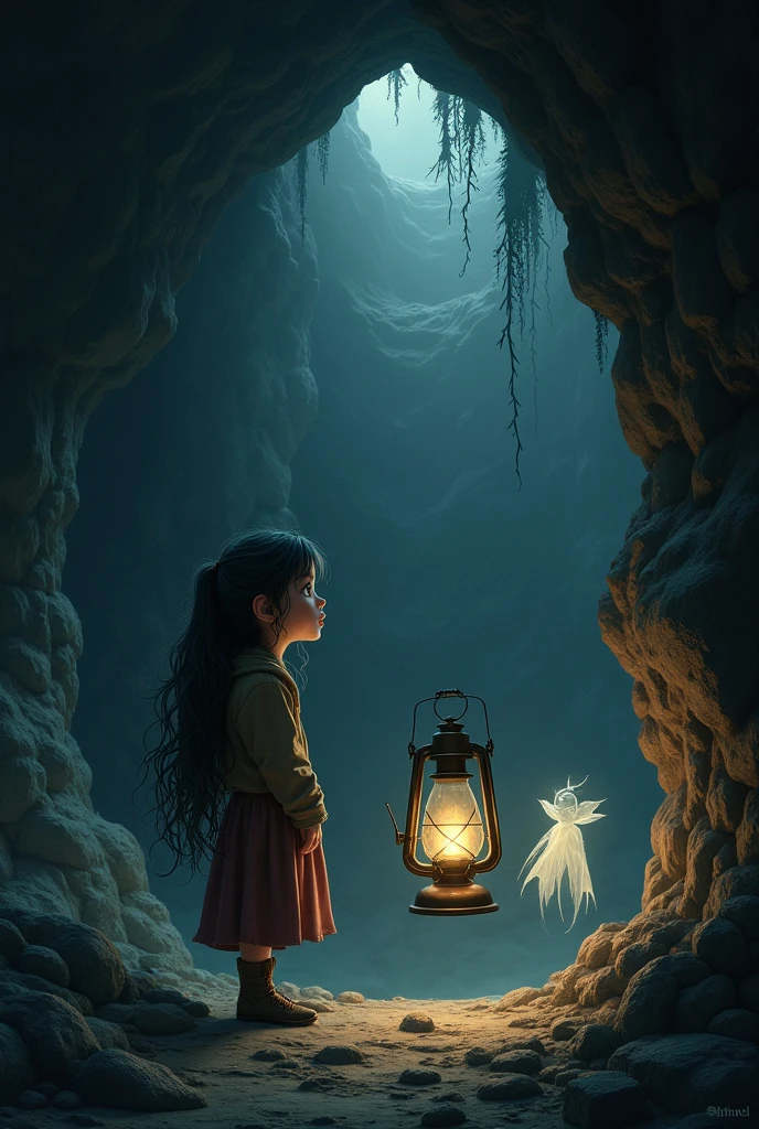 A girl, with long, unkempt hair, she carries a lantern that faintly illuminates a dark cave. Her eyes are filled with awe as she discovers an ancient library hidden deep within the cave. The library has dusty, stone shelves covered in cobwebs, with ancient books and scrolls that appear to have been untouched for centuries.
at your side, a ethereal soul floats, translucent, emitting a soft glow. The soul seems to be guiding the girl, her presence is friendly and protective. In the background, the cave is vast and mysterious, with shadows that suggest more hidden secrets in the darkness. The atmosphere is magical, with a mix of mystery and discovery.