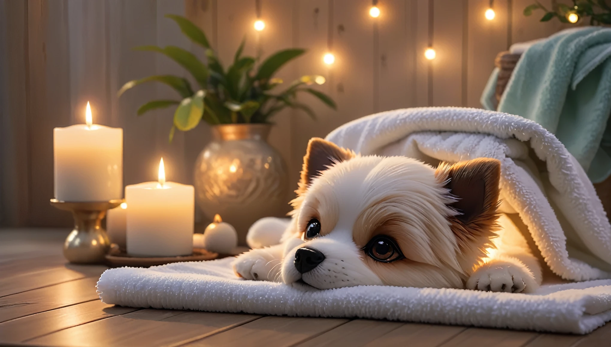 towel and candles are on a table with a Dog doll、 Holiday season, towel, relax mood, Peaceful atmosphere, Cozy and serene atmosphere, Morning Glow, relax atmosphere, Pleasant atmosphere, relax, Soft glow, spa, Luxurious surroundings, Soft and warm light, Photorealistic cinematic rendering, relax environment, Beautiful atmosphere, Sublime and cozy atmosphere, Beautiful atmosphere、８K、Change to a soothing background、The background is the forest、Cute dog doll