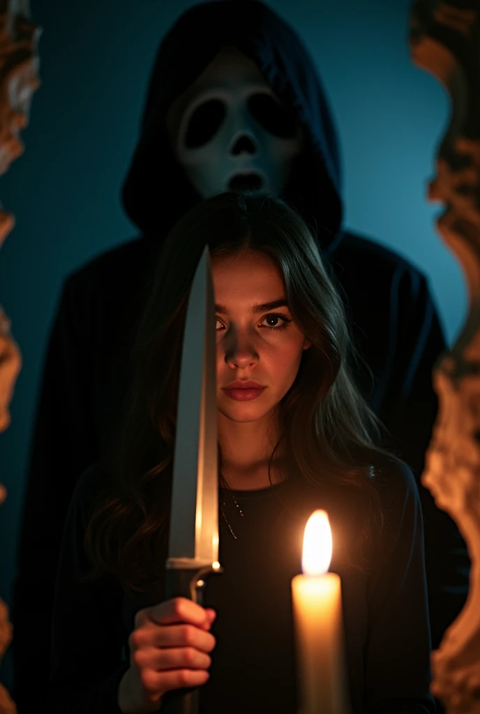 Brunette girl with serious face half hidden in the dark with a knife in front of her face with the shadow of Ghostface