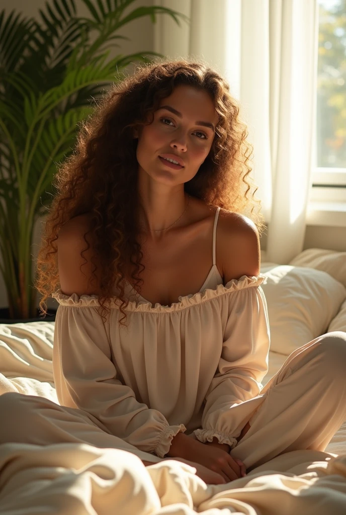 (photorealism:1.2), beautiful woman, sitting on bed, wearing loose off-shoulder top, pajama pants, long curly hair, indoors, soft lighting, plants in background, window with sunlight, cozy room, relaxed pose, realistic, intricate details, warm colors, by Greg Rutkowski, by Alpho