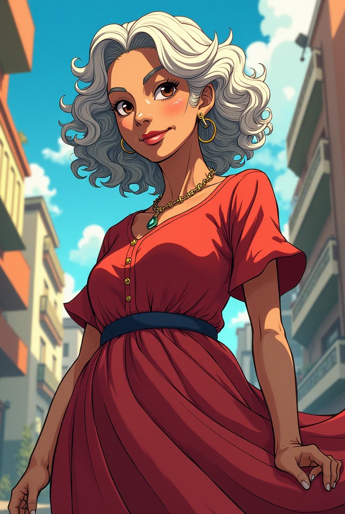 Make me a picture, boku no hero comic style, An elderly woman with brown skin who appears to be 64 years old, Her hair is white and gray and curly, and her eyes are dark brown she is wearing a long dress she has wrinkles and wrinkled skin, She's wearing a dress and standing