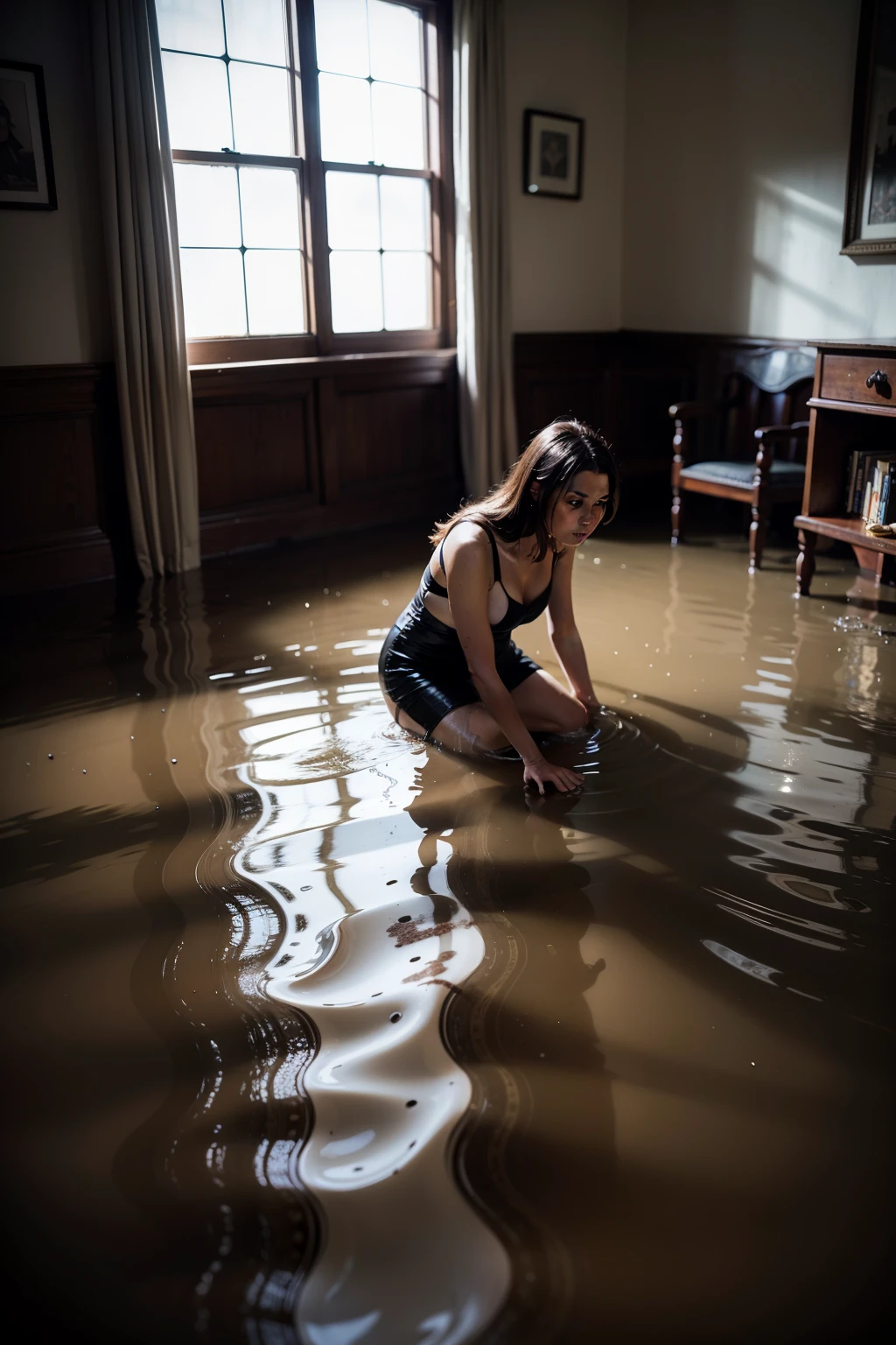 kodak portra 4 0 0 photographic and realistic, old destroyed worn  7 0 s living room, detailed, octane render, unreal engine, 4 k, artstation, hyper realistic, wide angle, floor flooded with dirty water with garbaje and mud, how a river, objects that float, 3 5 mm, sharp focus, soft light, volumetric light fog, in the style of gregory crewdson, dramatic lighting, dramatic scene