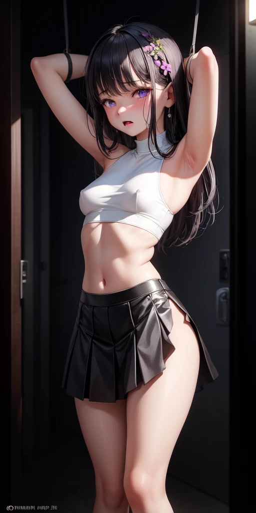 Practical, 1 Girl, black hair, Purple Eyes, Glowing eyes, Crop Top, skirt, Open your mouth, blush, night, Flowers, sun, sunlight, nude 、8k，Highest quality，One girl，Slim body，Flat breasts，Trapped in a dungeon，Helpless and desperate expression，Completely naked：1.6，No clothes：1.8，Damaged clothes：1.6，In large font，Hang your hands up，Legs apart，Open、Open，Open，外阴Open，Thrust hard，Multiple men and young girls violently having sex，Girl is stuffed，Girl being fucked，Girl being fucked，Teen fucked by sex toys，少女Open，Girl gets fucked by a massager，The girl is screaming，Thick white liquid flows out，Girl with scars all over her body、Being sexually assaulted，Multiple people have sexual intercourse，Being raped