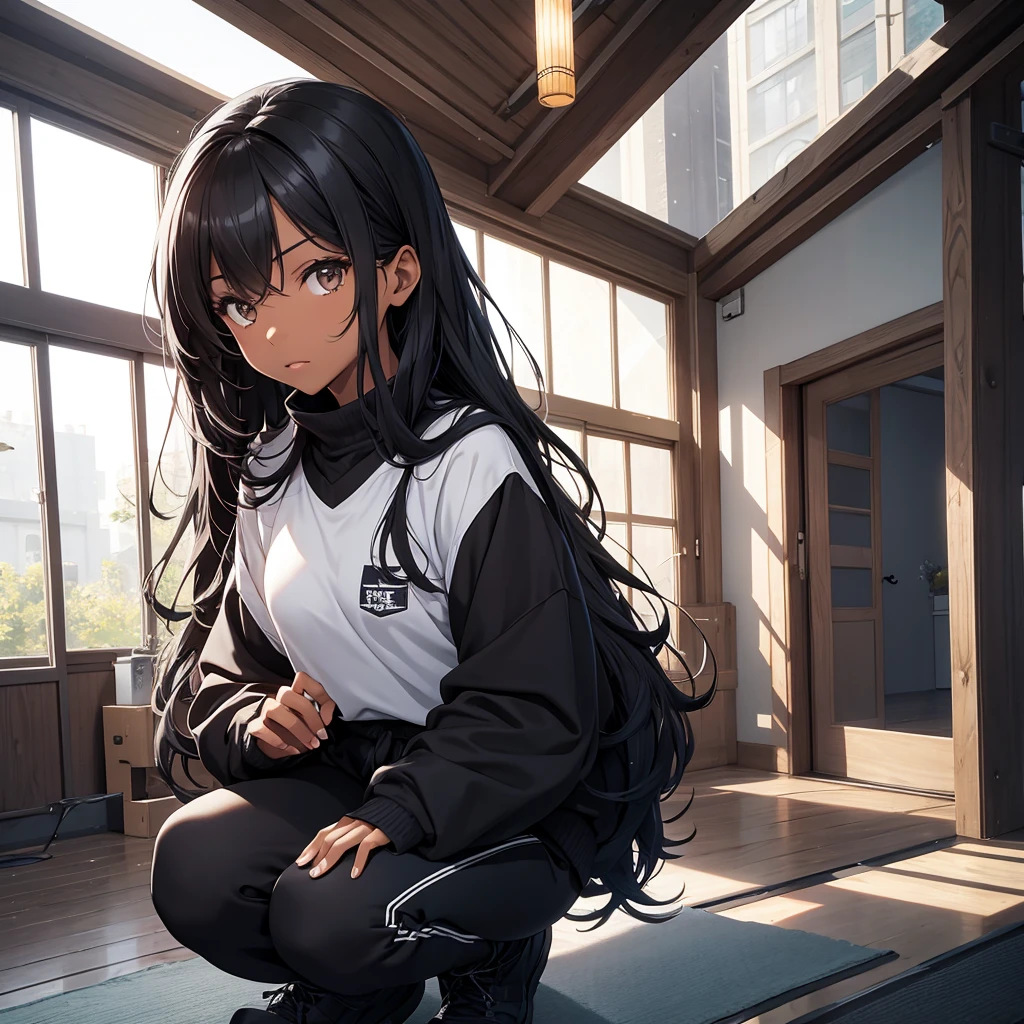 [**1 girl with appearance: long wavy black hair, dark skin with light brown eyes, thin eyebrows and a defined chin with a "v" shaped face, wearing a black sweatshirt with the words: Y/n written on it, while wearing gray pants and black boots, wearing fingerless socks on her hands.**] [**The background is a room in a Japanese-style house with daylight.**]