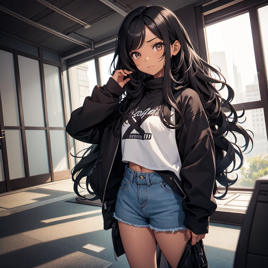 [**1 girl with appearance: long wavy black hair, dark skin with light brown eyes, thin eyebrows and a defined chin with a "v" shaped face, wearing a black sweatshirt with the words: Y/n written on it, while wearing gray pants and black boots, wearing fingerless socks on her hands.**] [**The background is a room in a Japanese-style house with daylight.**]