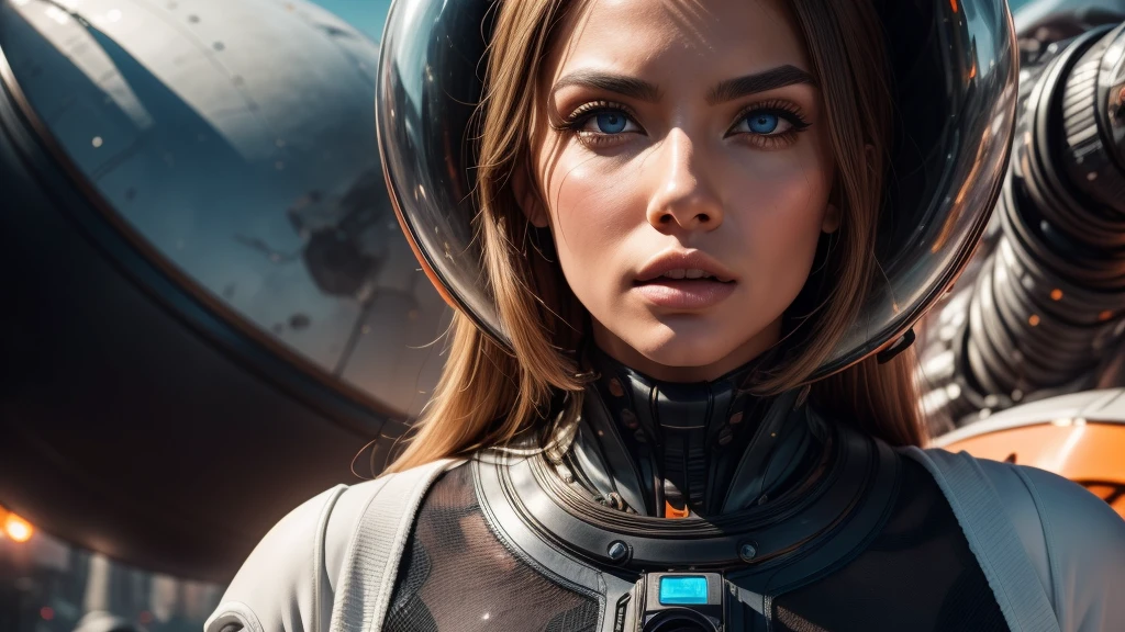 arafed image of a white woman in a futuristic suit with a spaceship in the background, movie art, in front of an orange background, inspired by Robert McGinnis, female protagonist, megastructure in the background, portrait of an ai astronaut, astronauts, an astronaut, portrait of a astronaut skeletor, perfect android girl, Highly Detailed Face and Skin Texture, Detailed Eyes, Double eyelids, perfectly detailed teeth, frank franzzeta and sakimichan