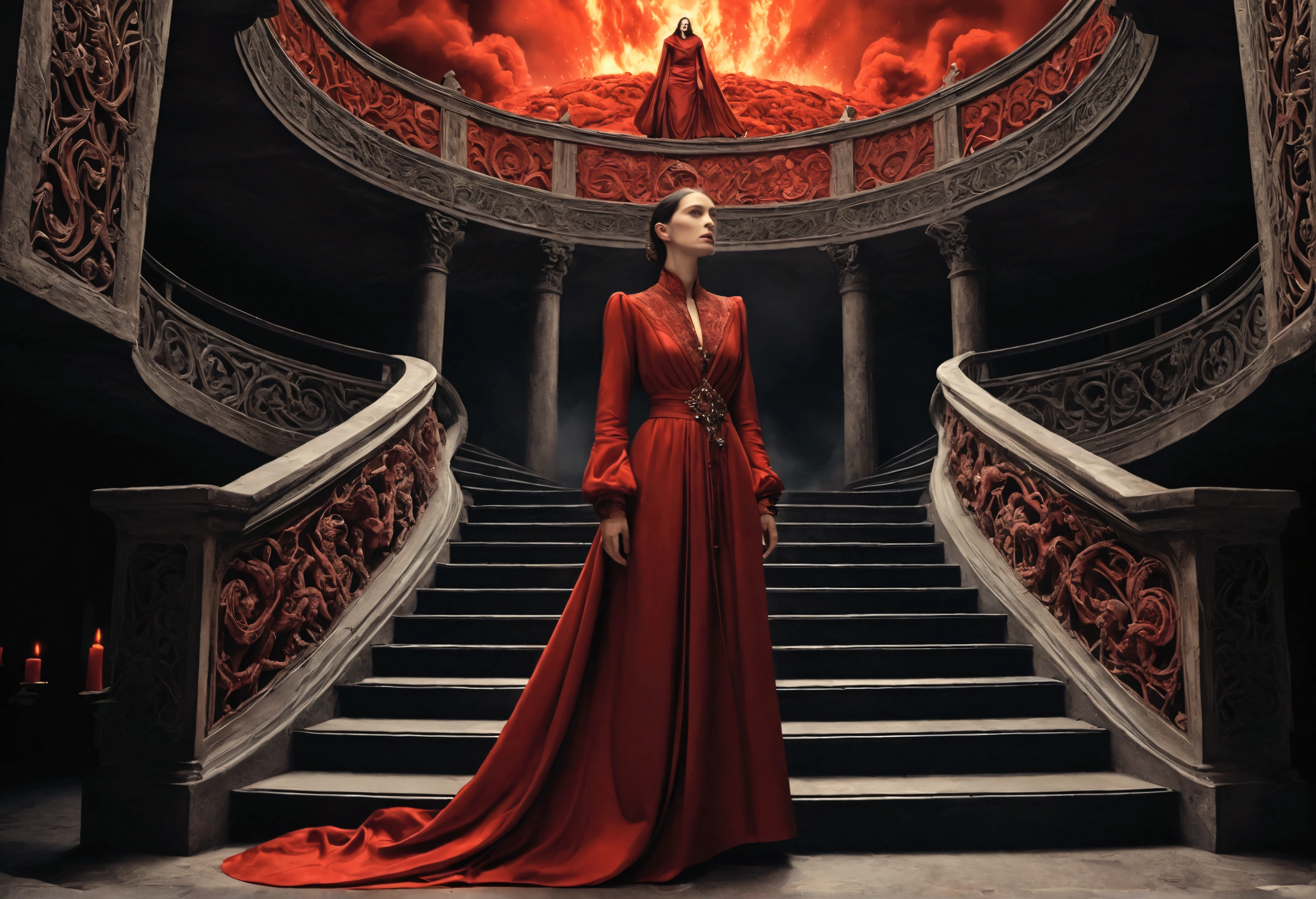 A woman in luxurious clothing arriving at the second level of hell, based on the book "The Divine Comedy" by Dante Alighieri. The sky is red like blood