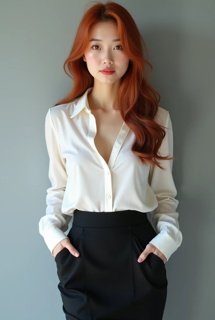 Attractive young Asian Chinese secretary with pale skin and open blouse, pencil skirt, black leggings, pale red lipstick, long copper hair