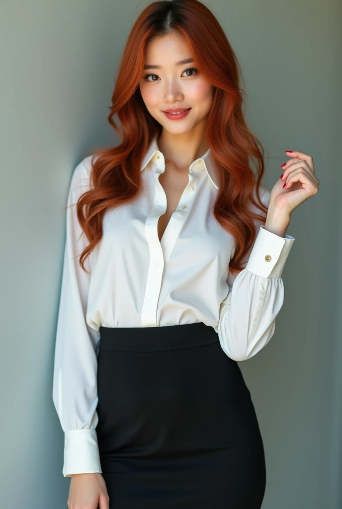 Attractive young Asian Chinese secretary with pale skin and open blouse, pencil skirt, black leggings, pale red lipstick, long copper hair