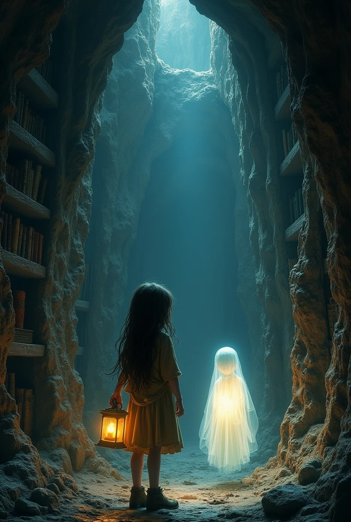A girl, with long, unkempt hair, she carries a lantern that faintly illuminates a dark cave. Her eyes are filled with awe as she discovers an ancient library hidden deep within the cave. The library has dusty, stone shelves covered in cobwebs, with ancient books and scrolls that appear to have been untouched for centuries.
at your side, a ethereal soul floats, translucent, emitting a soft glow. The soul seems to be guiding the girl, her presence is friendly and protective. In the background, the cave is vast and mysterious, with shadows that suggest more hidden secrets in the darkness. The atmosphere is magical, with a mix of mystery and discovery.