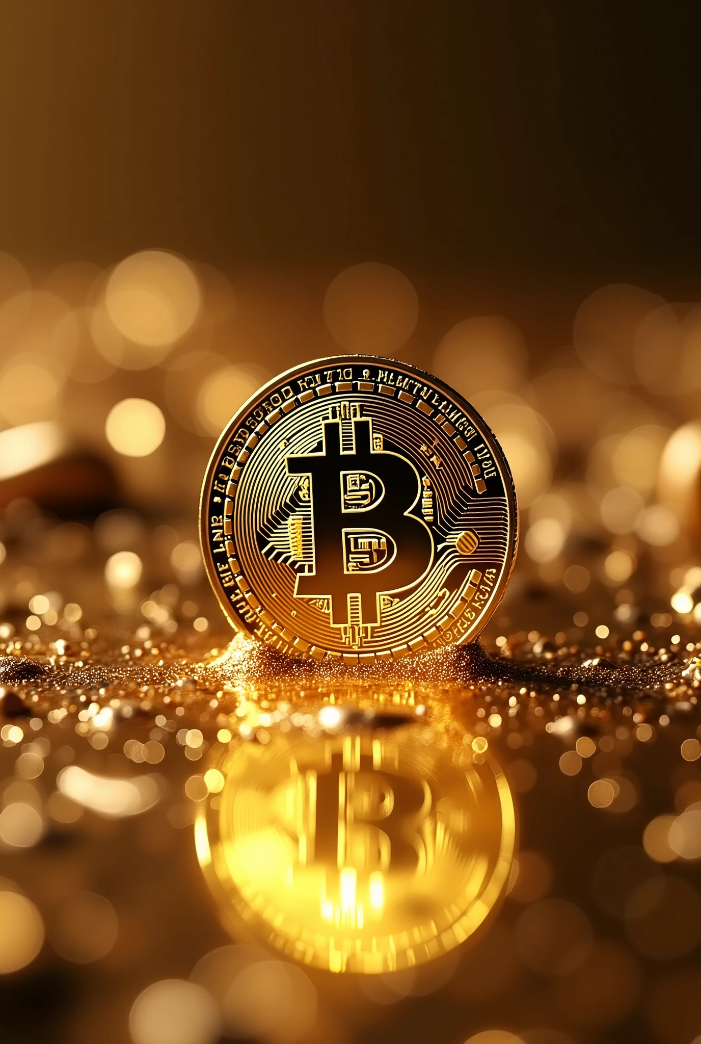 make a bitcoin coin in the vertical of gold melting in a pool of golden liquid metal