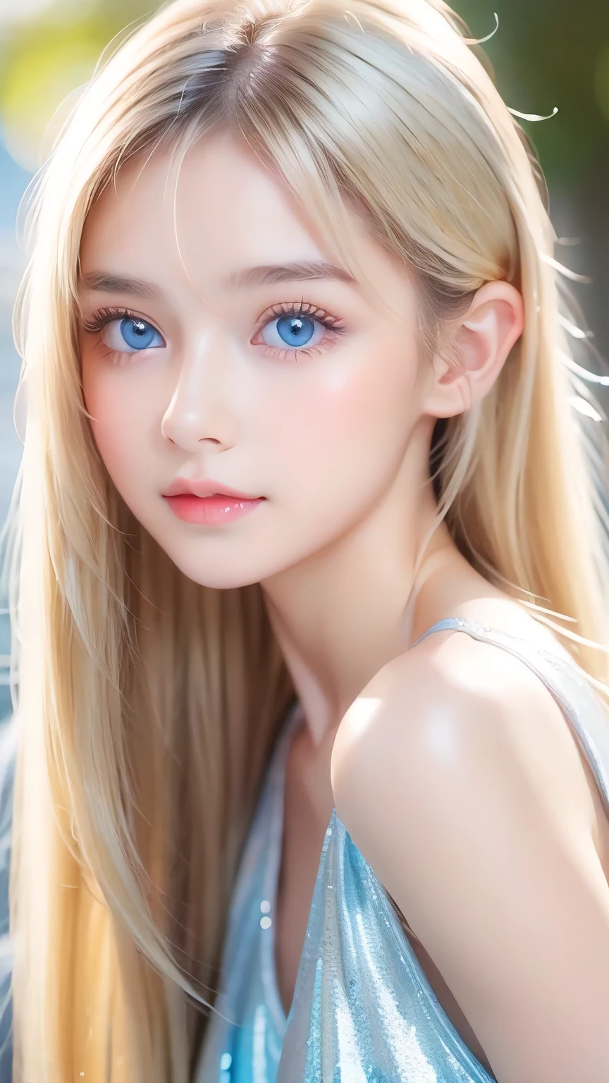 Portrait、、bright look、ponytail、bangs between eyes、bangs on the face、Young, shiny, white, glossy skin、gross face、cheek gloss highlight、best beauty、blonde reflection、Platinum blonde hair with dazzling highlights、shiny bright hair,、super long silky straight hair、Shining beautiful bangs、Attractive, beautifully shining, very bright, light blue eyes、very big eyes、Very beautiful nice cute 15 year old beautiful girl、rich bust、small face beauty、