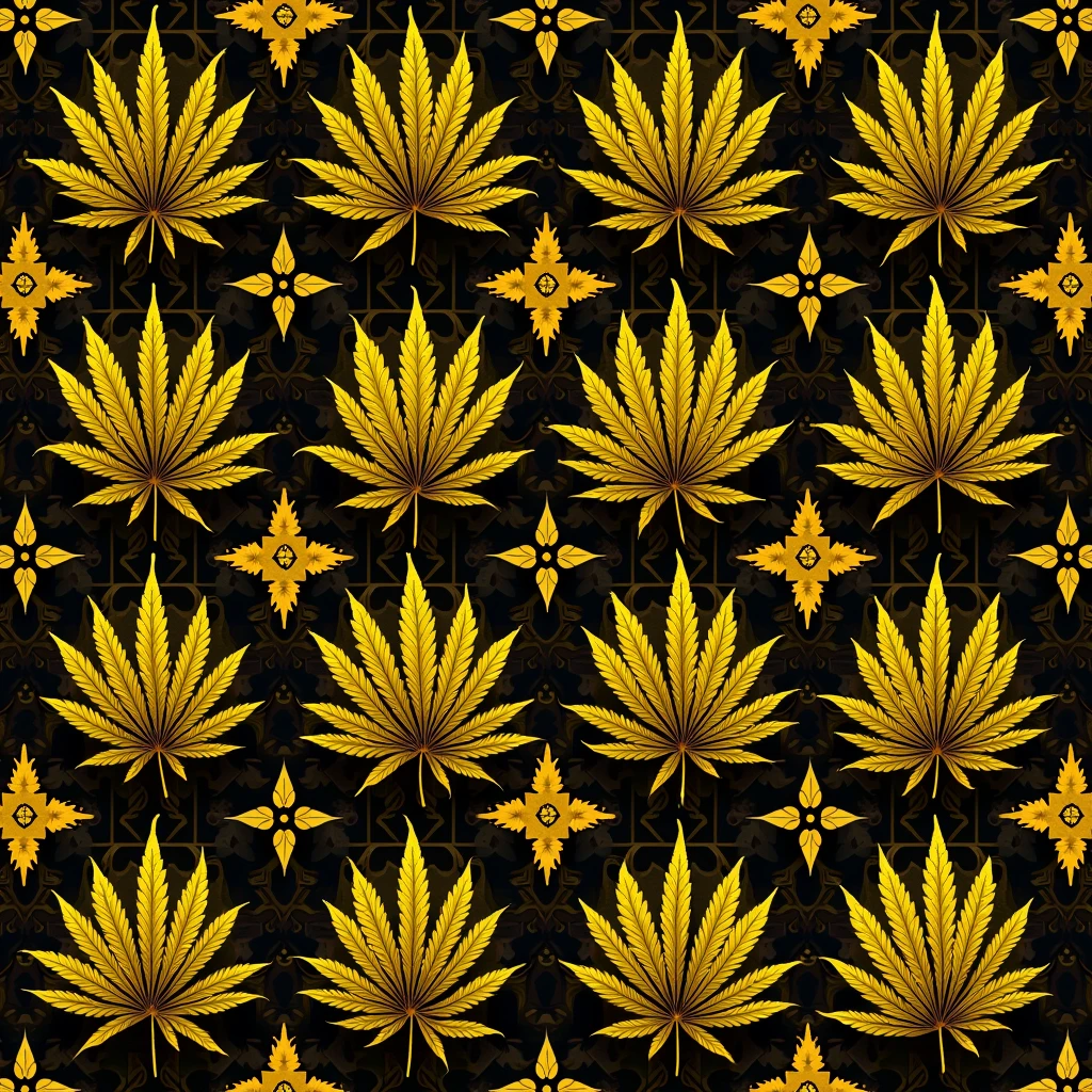 "Imagine a unique and sophisticated texture for a cannabis grow shop, inspired by the iconic aesthetics of the luxury brand LV. This texture features an elegant pattern where marijuana leaves replace the iconic monograms, creating a perfect fusion between luxury and cannabis culture. The predominant colors are a vibrant yellow and a deep black, that bring an air of exclusivity and modernity. Ideal to convey a feeling of opulence and style, this texture is perfect for premium products in the cannabis world. Let creativity bloom!"