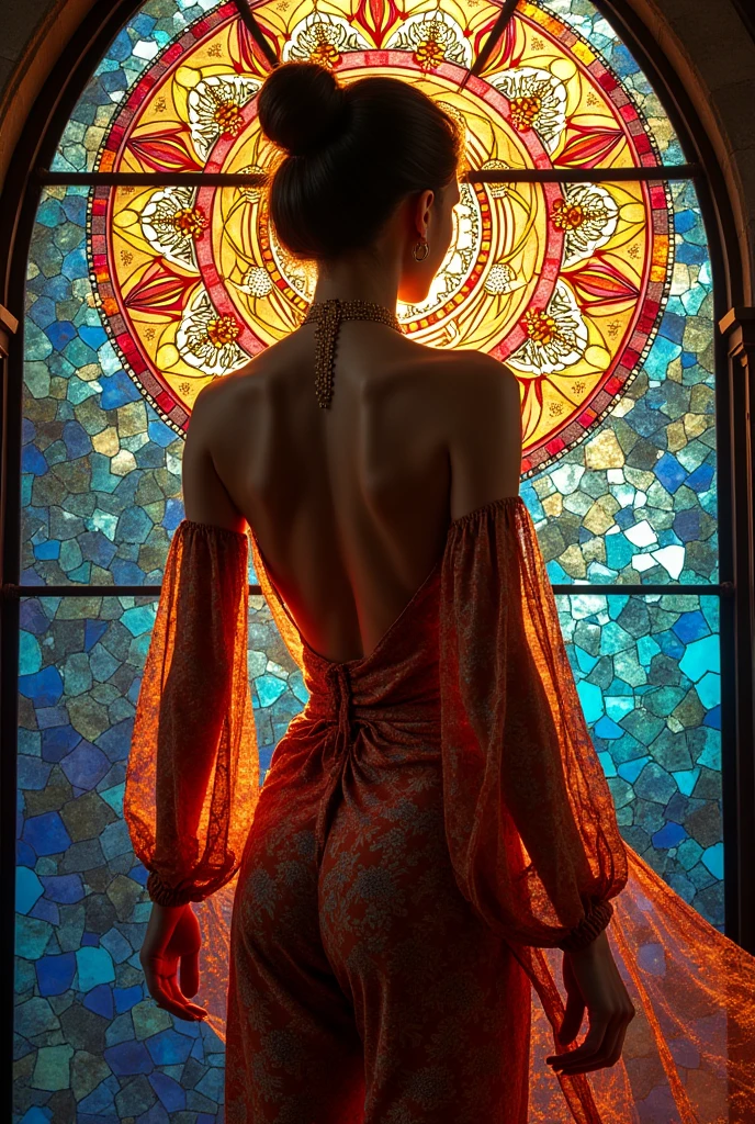 (masterpiece, Best Quality), 8k,(((Very detailed))), career:1.8,Super intricate career pattern,colorful career pattern,Stained glass background with transparent body., mandala,light,Cold, 1 female,open back,(chinos,rubio),