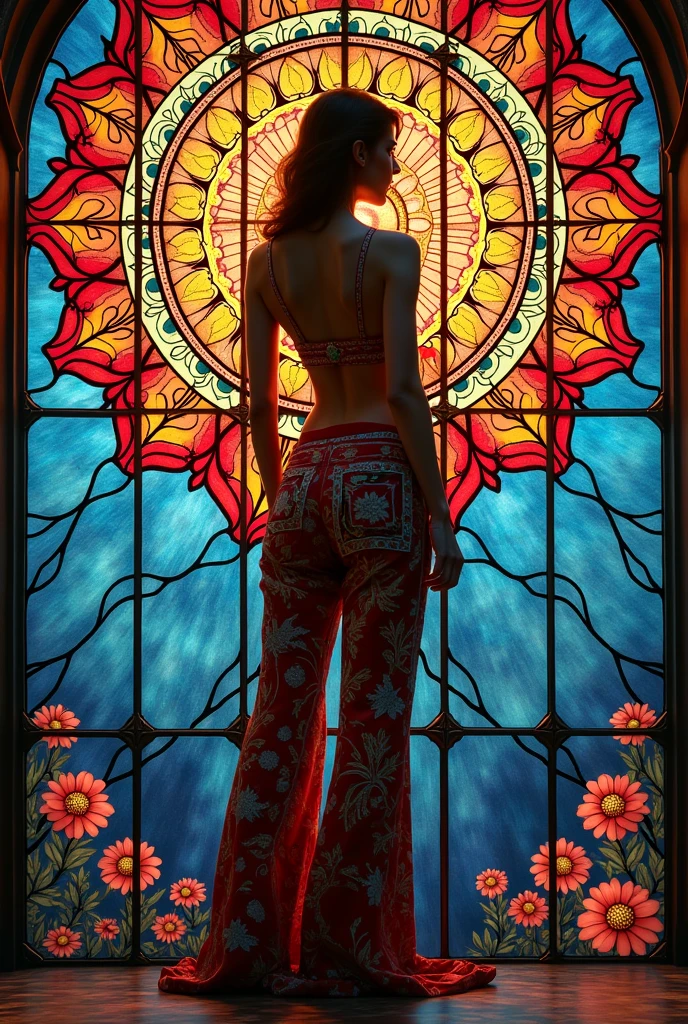(masterpiece, Best Quality), 8k,(((Very detailed))), career:1.8,Super intricate career pattern,colorful career pattern,Stained glass background with transparent body., mandala,light,Cold, 1 female,open back,(chinos,rubio),