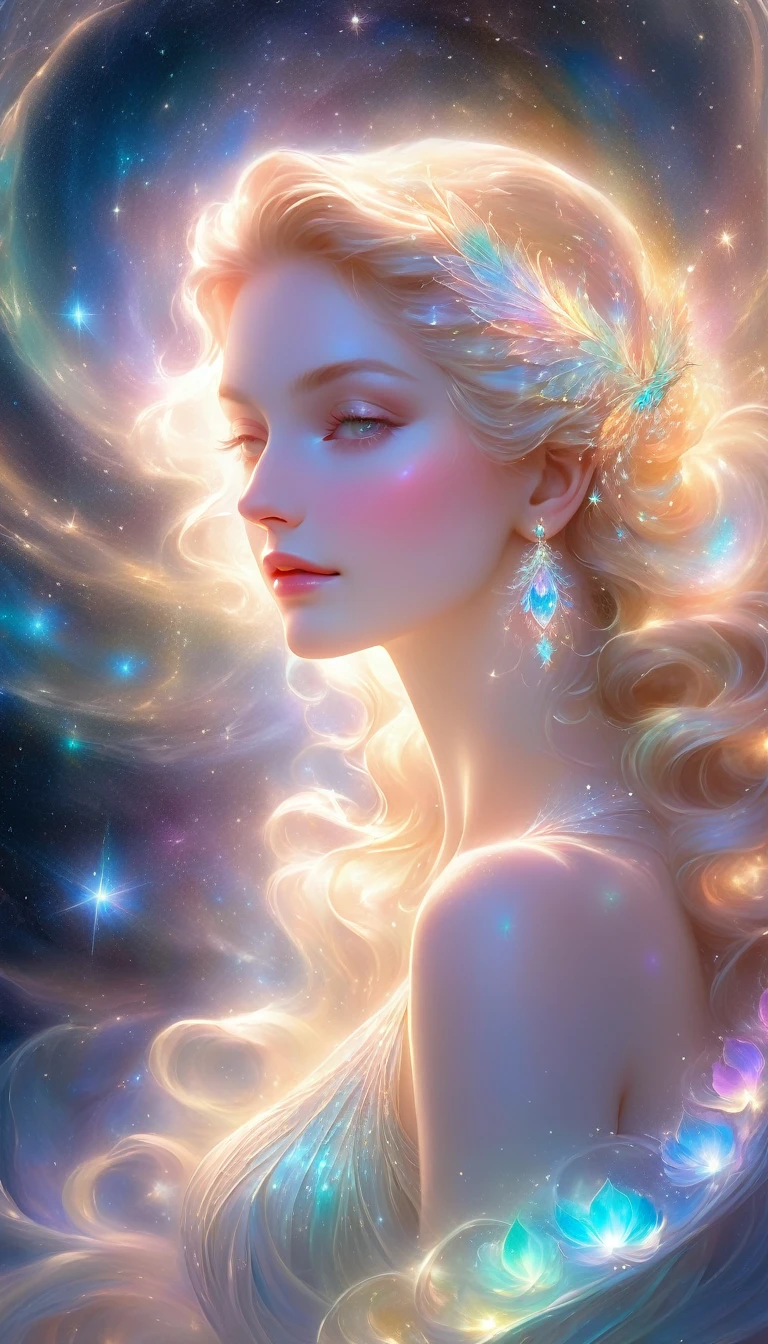 In a surprisingly ethereal composition, a luminous otherworldly Venusian being radiates an otherworldly glow, its presence both mesmerizing and mysterious. This photograph captures her heavenly beauty with vivid clarity, showing off the delicate swirls of her iridescent skin and the sparkling aura that surrounds her. The image, a masterfully crafted digital painting, is a testament to the artist's skill and attention to detail, captivating viewers with its breathtaking depiction of a being beyond the stars.