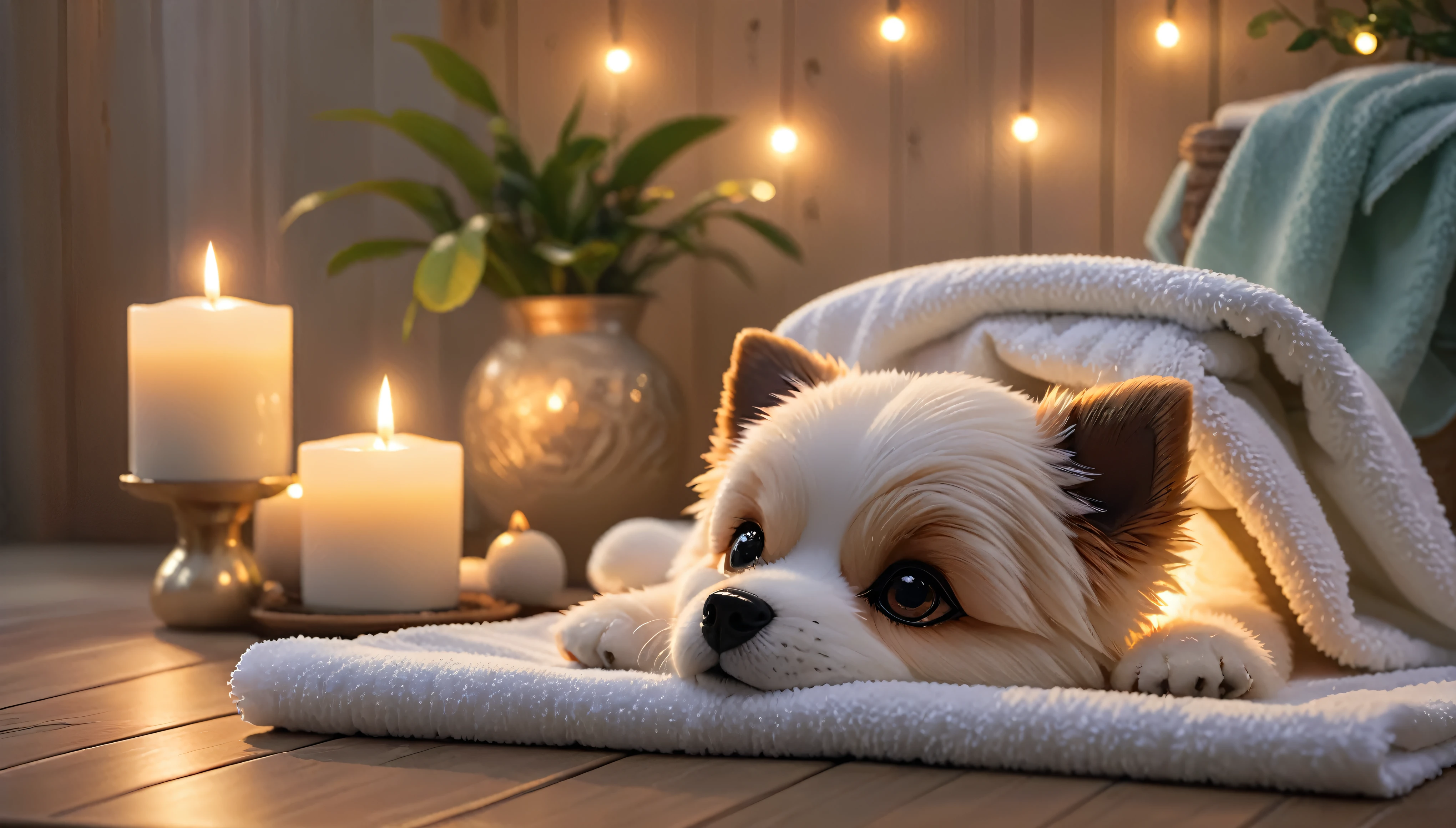 towel and candles are on a table with a Dog doll、 Holiday season, towel, relax mood, Peaceful atmosphere, Cozy and serene atmosphere, Morning Glow, relax atmosphere, Pleasant atmosphere, relax, Soft glow, spa, Luxurious surroundings, Soft and warm light, Photorealistic cinematic rendering, relax environment, Beautiful atmosphere, Sublime and cozy atmosphere, Beautiful atmosphere、8K、Change to a soothing background、The background is the forest、Cute dog doll