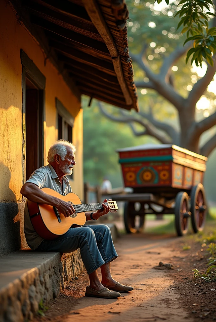 Old man playing a Brazilian folk guitar on the porch of his house. next to an oxcart.