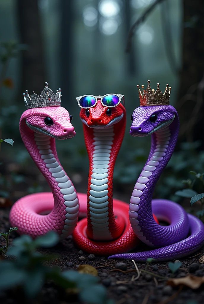 three snakes together like Regina, Karen and Gretchen from MEAN GIRLS.

first one a cottonmouth snake baby pink with a princess tiara. 

second one mamba fire red white and black with reflective neorave sunglasses.

third one a rattlesnake deep bright purple with a queen crown.

All Together in a black forest, spitting venom.