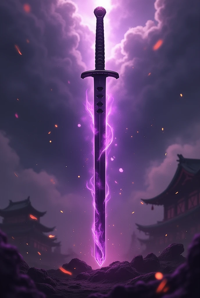 a katana with its pommel and crossguard interconnected, blade color predominantly purple, style of anime, battle background, create with full body
