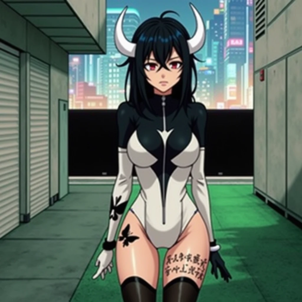 Anime mommy with black hair y2k Tied up and messy in the front and white horns and sexy bodysuit, with red eyes And a naughty face, Put a large black butterfly tattoo on one thigh and Japanese letters on the other, put elbow-length gloves on both arms