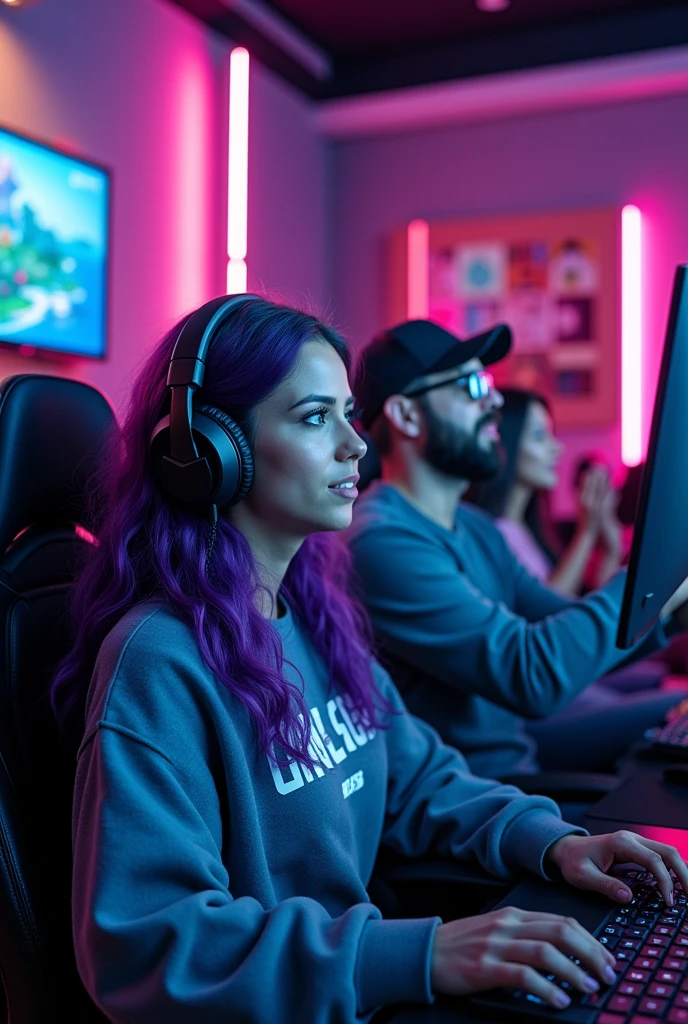 Two women and three men playing games virtually 