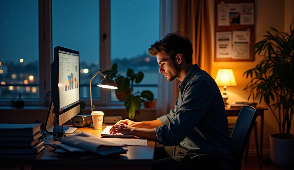 A young man sits at his desk in a dimly lit room, the only light coming from the glow of his computer screen and a small desk lamp casting a warm, golden hue. The room is cluttered with notebooks, sketches, and coffee cups, evidence of long nights spent chasing his dreams. The man’s face is illuminated by the soft light of the screen, focused and determined as he types away, deep in thought. Outside the window, the city sleeps under a blanket of stars, but inside, the young man’s mind is alive with ideas and ambitions. A vision board hangs on the wall, filled with goals, aspirations, and inspiring quotes that keep him motivated. The atmosphere is quiet, almost serene, with the faint hum of the computer as the only sound, but there's a palpable sense of energy and purpose in the air as he works tirelessly, driven by his passion to turn his dreams into reality.