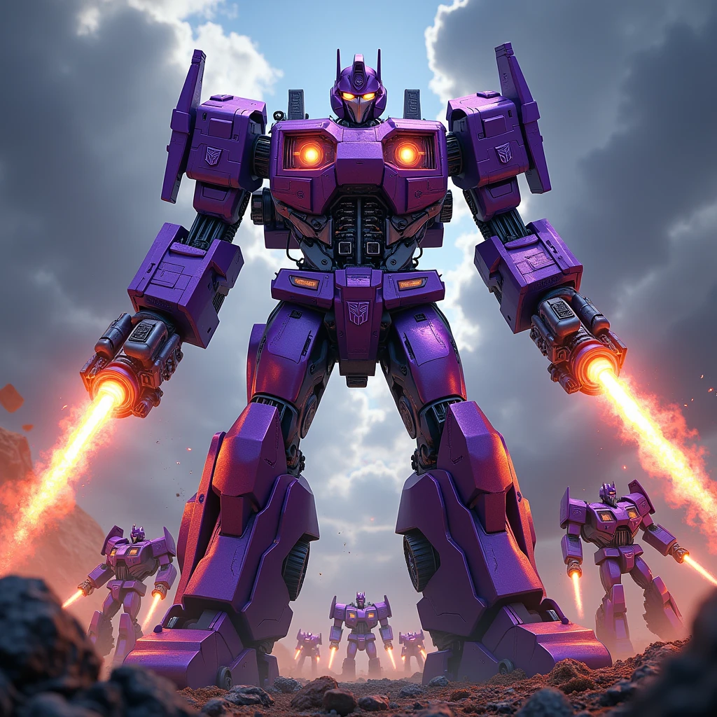 Robot. Purple. Car parts. 2 guns shooting. Robot face, High Resolution, Masterpiece, Best Quality, High Details, transformers in background. Autobot insignia. Multiple Views,
