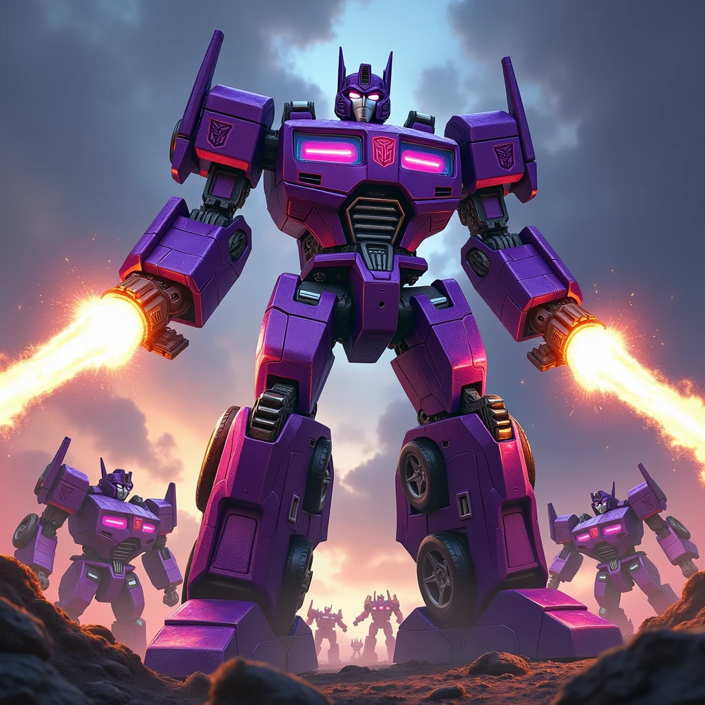 Robot. Purple. Car parts. 2 guns shooting. Robot face, High Resolution, Masterpiece, Best Quality, High Details, transformers in background. Autobot insignia. Multiple Views,