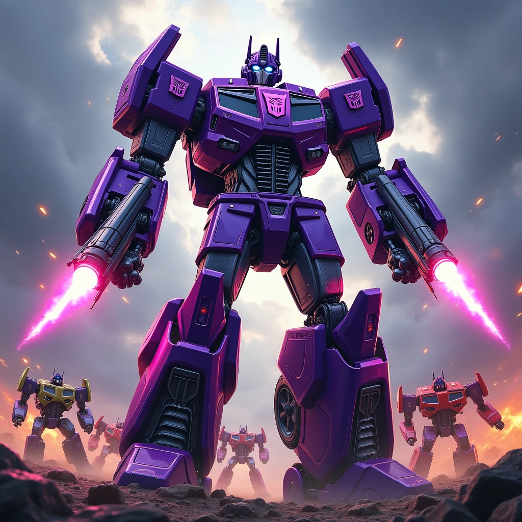 Robot. Purple. Car parts. 2 guns shooting. Robot face, High Resolution, Masterpiece, Best Quality, High Details, transformers in background. Autobot insignia. Multiple Views, 