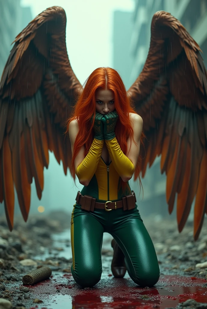 A beautiful woman Isabela Merced under the mantle of the Thanagarian Warrior Shayera Holl aka Hawkgirl Long orange hair to her knees with her hands on her face screaming exhausted after a battle in an apocalyptic and rainy city blood around her yellow leather corset brown harness with thick straps protruding from her neck to her waist and green leather pants red boots and red gloves two large brown wings six feet wide reflection of her in the blood terrifying and bloody images two large brown wings protruding from her back Dc universe logo