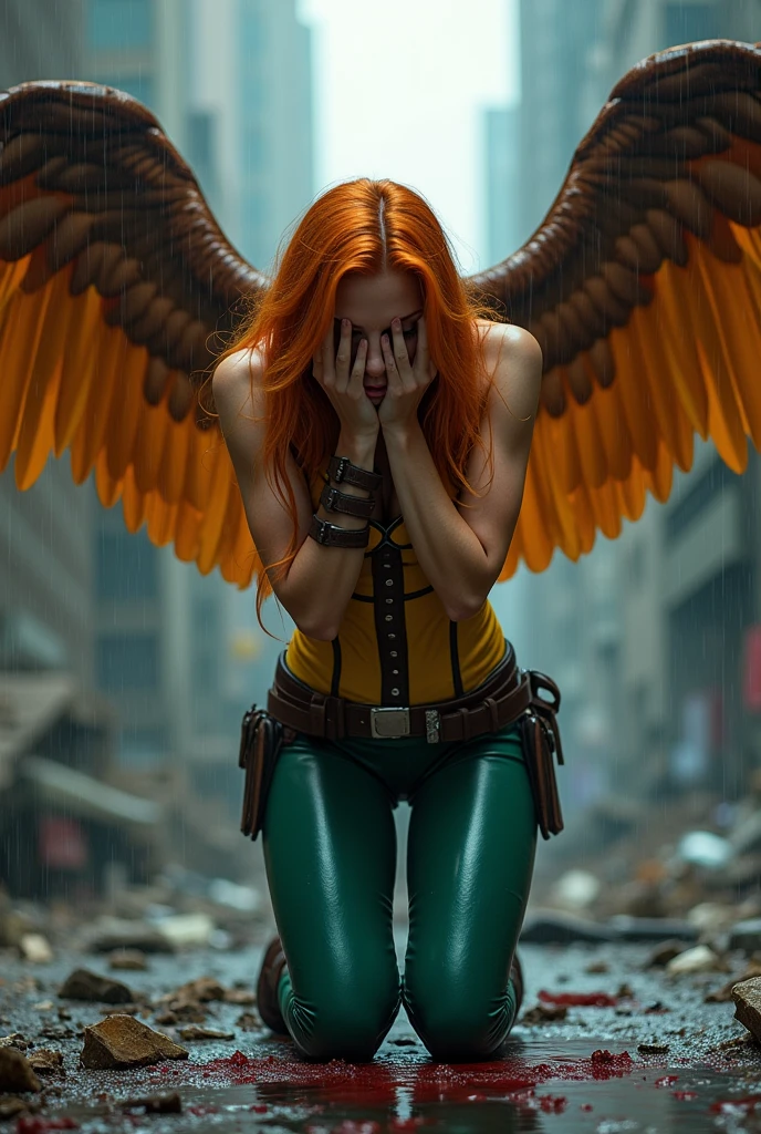 A beautiful woman Isabela Merced under the mantle of the Thanagarian Warrior Shayera Holl aka Hawkgirl Long orange hair to her knees with her hands on her face screaming exhausted after a battle in an apocalyptic and rainy city blood around her yellow leather corset brown harness with thick straps protruding from her neck to her waist and green leather pants red boots and red gloves two large brown wings six feet wide reflection of her in the blood terrifying and bloody images two large brown wings protruding from her back Dc universe logo