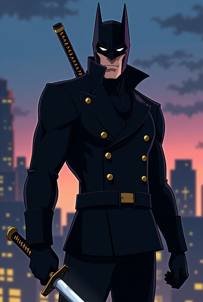 Make me a superhero whose suit is black military style with a jacket, like a Robin, with a mask and a katana in his hand, without cape, that part of his face can be seen and in an animated version