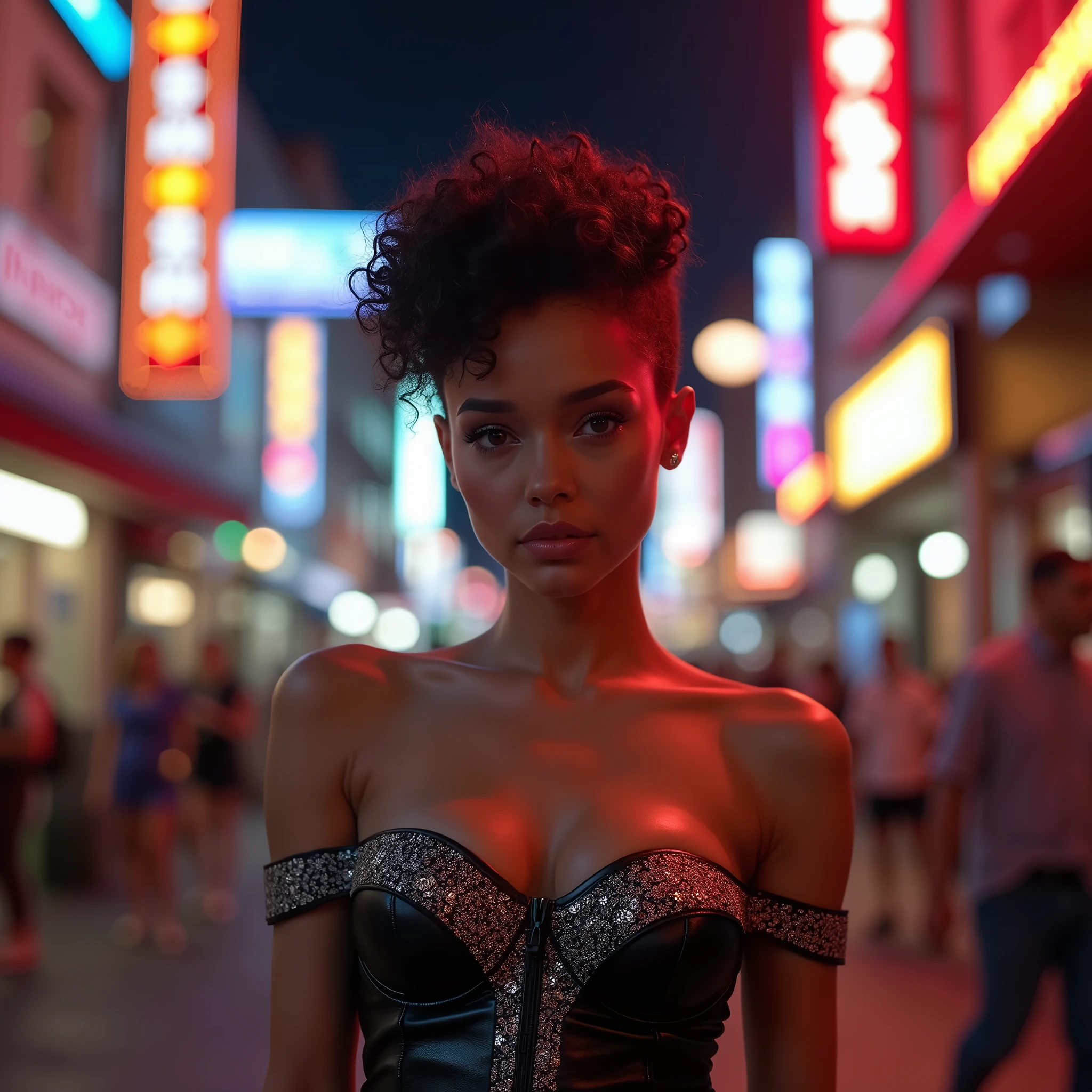 Ultra-realistic movie master pie with ultra-detailed primetime portraits, perfect dynamic composition,beauty(mixed girl)(madison ivy:0.45)(jessica alba:0.25)(Ariana Grande:0.25) in of a (1girl:1.3 22-year-old)(photo realistic)(Hyper realistic)((Fujicolor,daytime soft lighting)fashion supermodel((best high quality real texture skin)(Highly quality texture hair))((short curly hair((slicked to the two side))Intricately detailed))(perfect proportions)(anatomically correct)(perfect female body)firm normal full breasts,slim face,beautiful cheekbones(slim,swell-muscled body)(Super beautiful face)(realistic face)highly detailed face,absurd(Intricately detailed eyes)(tired and sleepy and satisfied:0.0)a woman's eye with a digital rendering,realistic eyes,perfect round eyes,finely detailed pupils,BREAK(brown_eyes)detailed lips(red_lipstick)(pink_makeup)Wear an off-the-shoulder top,full bodyesbian((Intricately detailed pleated modest leather BDSM costume))dynamic pose(((shot above the knee)))look at the viewer(Erotic)(city night)(neon sign)(night),walking,On the street, happy exited woman seductive smiling
