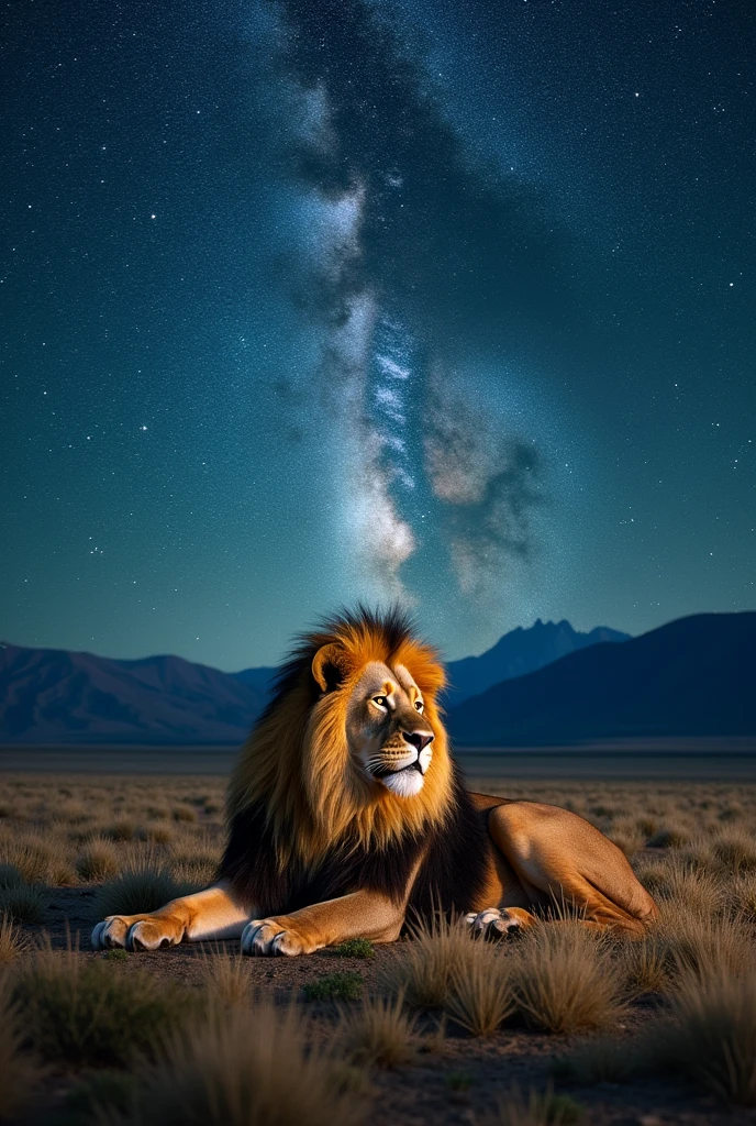 A lion under a starry sky, with the Milky Way visible, evoking the spiritual connection of the Apaches with nature.