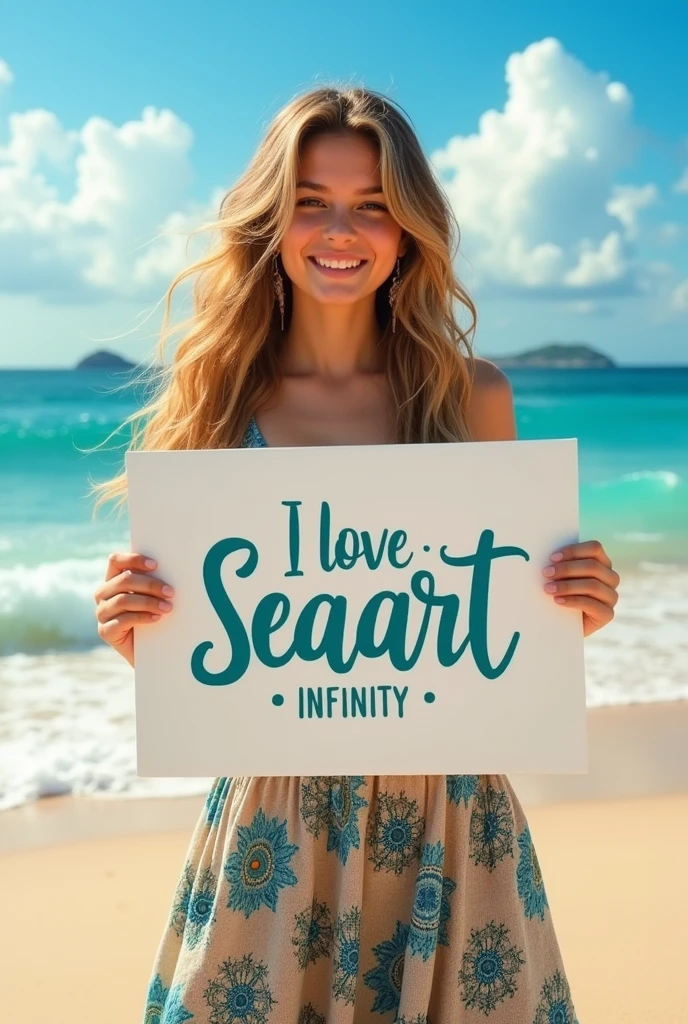Beautiful girl with wavy long hair, bohemian dress, holding a white board with text "I Love Seaart Infinity" and showing it to the viewer