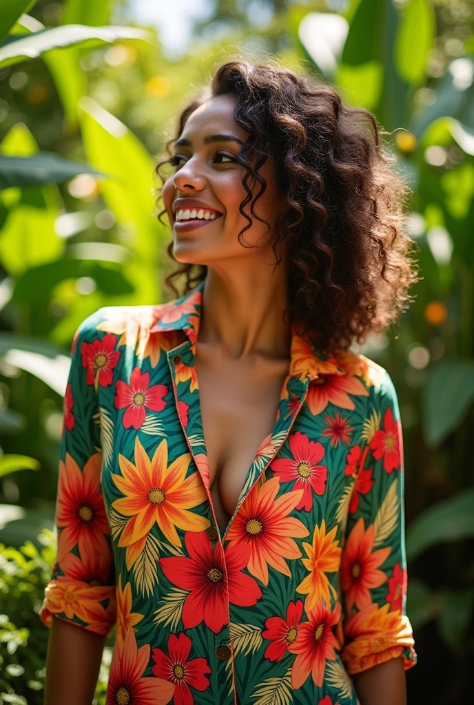 A Brazilian woman in a lush tropical garden, wearing an open shirt with a floral print, with a close-up capturing the harmonious beauty between her breasts and the natural flowers, showing off your natural charm and outgoing personality.